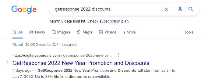 Rank Number 1 on “GetResponse 2022 Discounts”